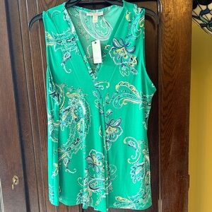 Dana Buchman Kelly Green Paisley V-Neck Sleeveless Shell